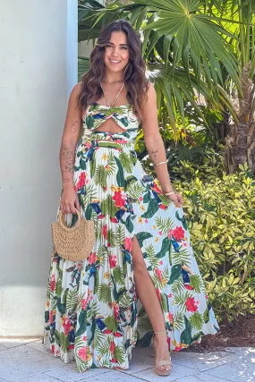 Ivory Floral Maxi Dress With Front Cut Out