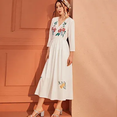 مجموعة أروين ARWEN & AJH GROUP  Embroidered V-neck Long-sleeved High-waisted Long Skirt Simple White Women Floral Maxi Casual Clothes Dresses