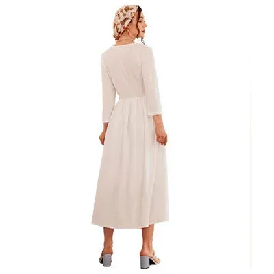 مجموعة أروين ARWEN & AJH GROUP  Embroidered V-neck Long-sleeved High-waisted Long Skirt Simple White Women Floral Maxi Casual Clothes Dresses