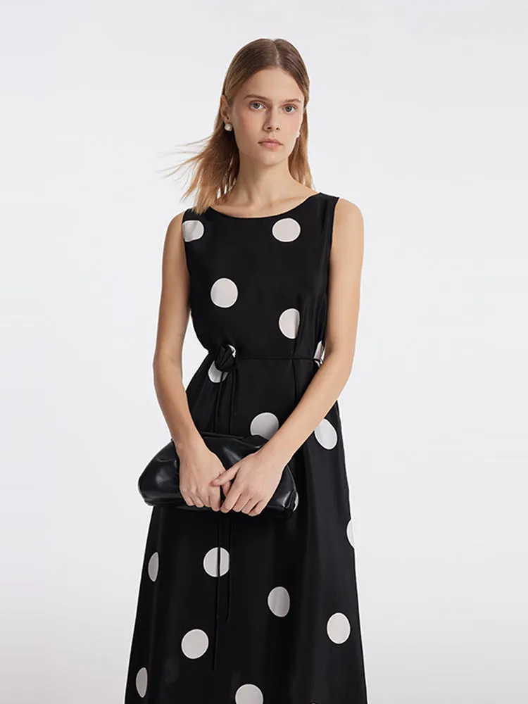 16 Momme Mulberry Silk Polka Dots Print Women Vest Midi Dress With Belt And Rose Clip And Bottomed Skirt