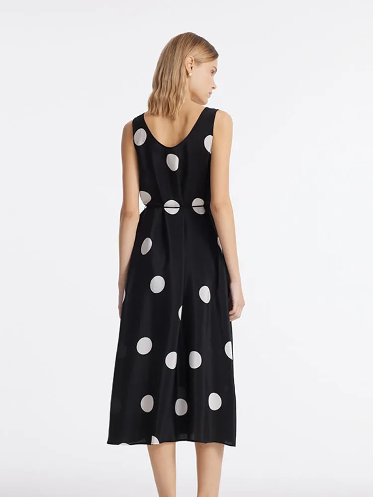 16 Momme Mulberry Silk Polka Dots Print Women Vest Midi Dress With Belt And Rose Clip And Bottomed Skirt