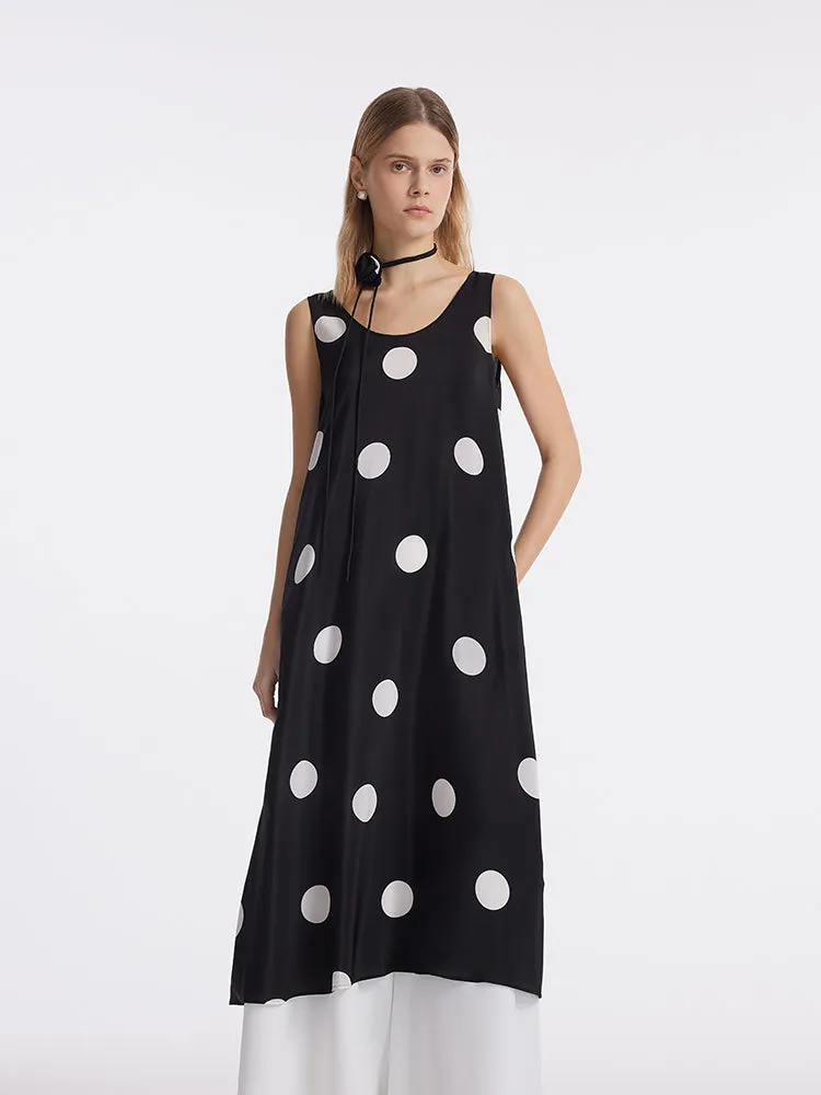 16 Momme Mulberry Silk Polka Dots Print Women Vest Midi Dress With Belt And Rose Clip And Bottomed Skirt