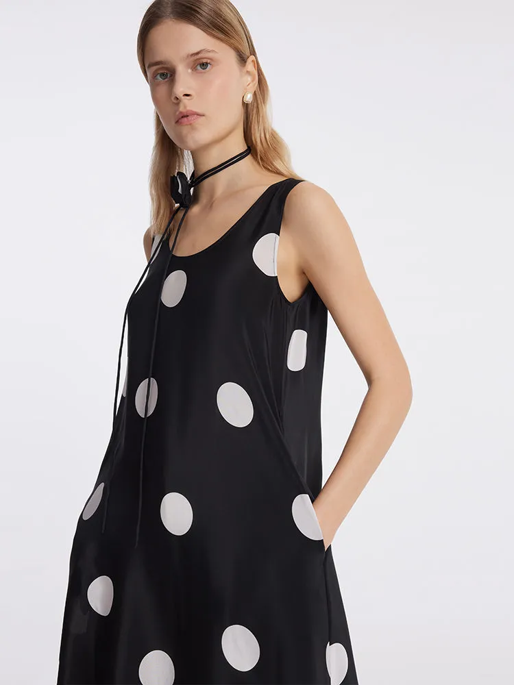 16 Momme Mulberry Silk Polka Dots Print Women Vest Midi Dress With Belt And Rose Clip And Bottomed Skirt