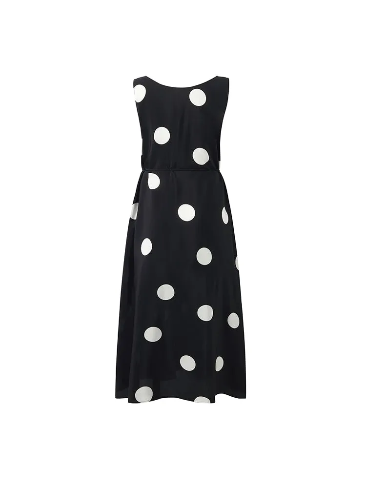 16 Momme Mulberry Silk Polka Dots Print Women Vest Midi Dress With Belt And Rose Clip And Bottomed Skirt