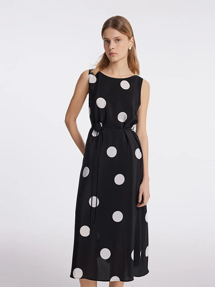 16 Momme Mulberry Silk Polka Dots Print Women Vest Midi Dress With Belt And Rose Clip And Bottomed Skirt