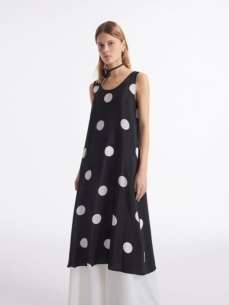 16 Momme Mulberry Silk Polka Dots Print Women Vest Midi Dress With Belt And Rose Clip And Bottomed Skirt