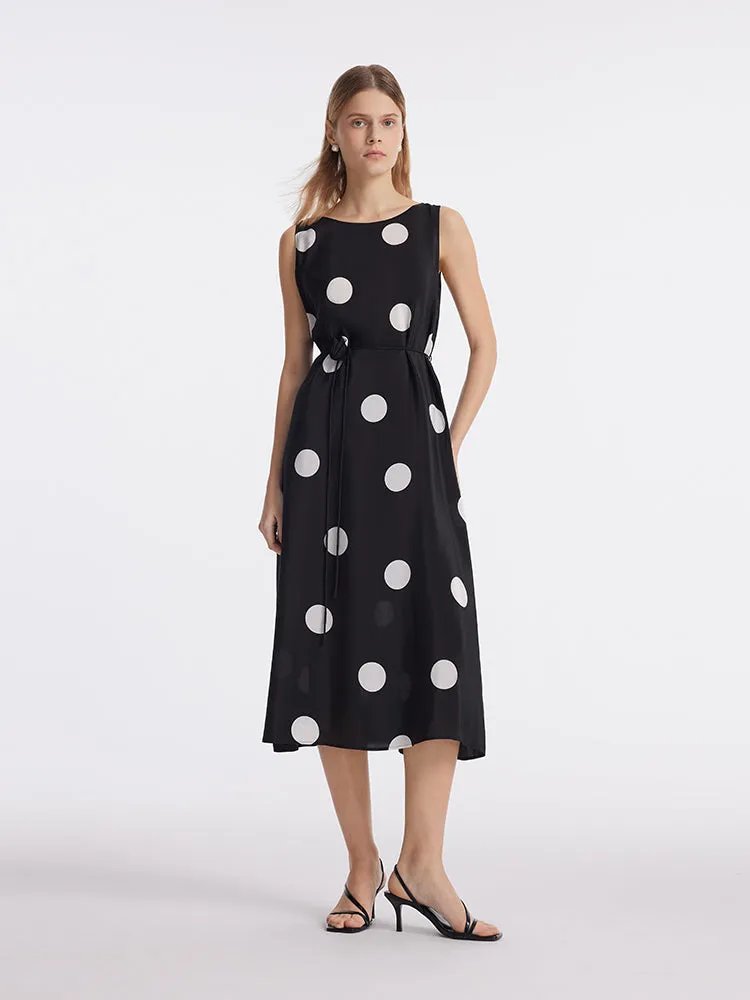 16 Momme Mulberry Silk Polka Dots Print Women Vest Midi Dress With Belt And Rose Clip And Bottomed Skirt