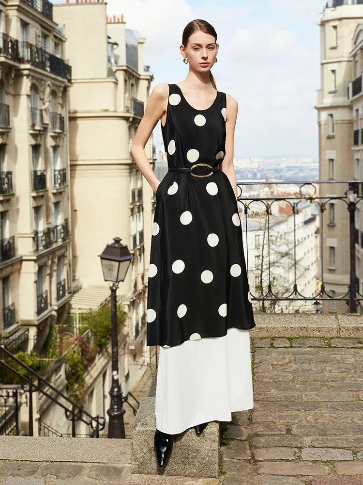 16 Momme Mulberry Silk Polka Dots Print Women Vest Midi Dress With Belt And Rose Clip And Bottomed Skirt