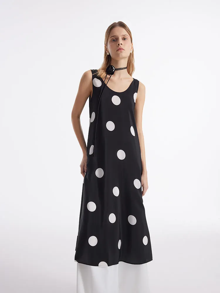 16 Momme Mulberry Silk Polka Dots Print Women Vest Midi Dress With Belt And Rose Clip And Bottomed Skirt