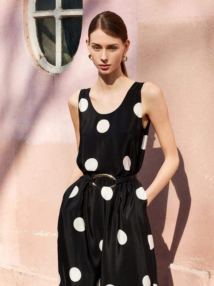 16 Momme Mulberry Silk Polka Dots Print Women Vest Midi Dress With Belt And Rose Clip And Bottomed Skirt