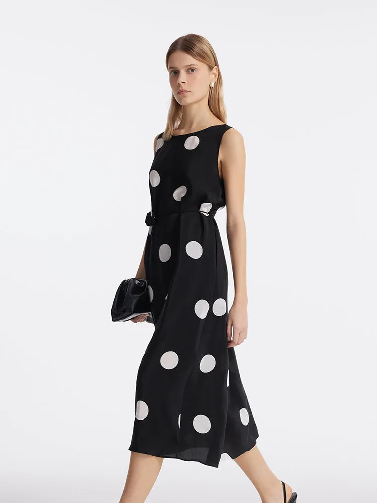 16 Momme Mulberry Silk Polka Dots Print Women Vest Midi Dress With Belt And Rose Clip And Bottomed Skirt