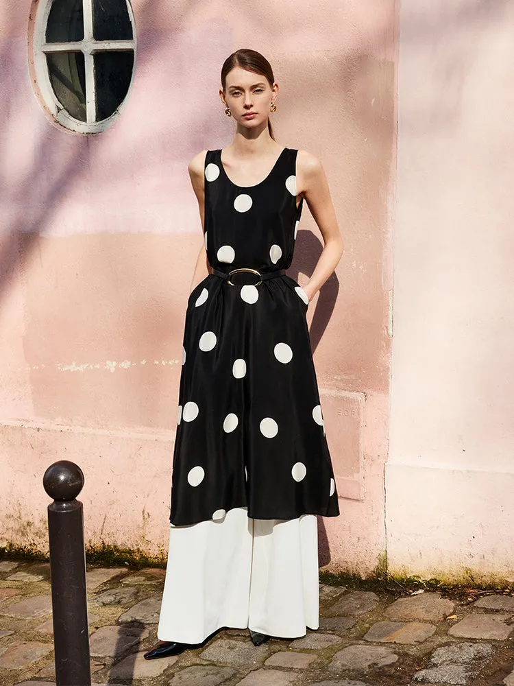 16 Momme Mulberry Silk Polka Dots Print Women Vest Midi Dress With Belt And Rose Clip And Bottomed Skirt