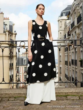 16 Momme Mulberry Silk Polka Dots Print Women Vest Midi Dress With Belt And Rose Clip And Bottomed Skirt