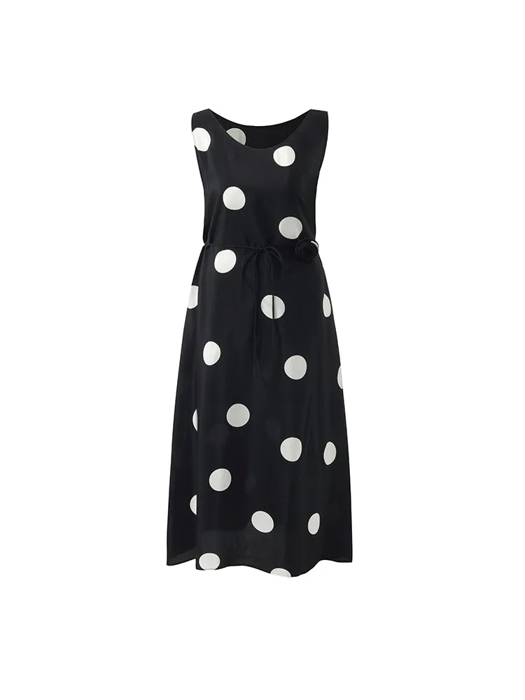 16 Momme Mulberry Silk Polka Dots Print Women Vest Midi Dress With Belt And Rose Clip And Bottomed Skirt