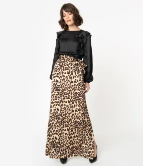 1970s Style Black & Leopard Ruffle Maxi Dress