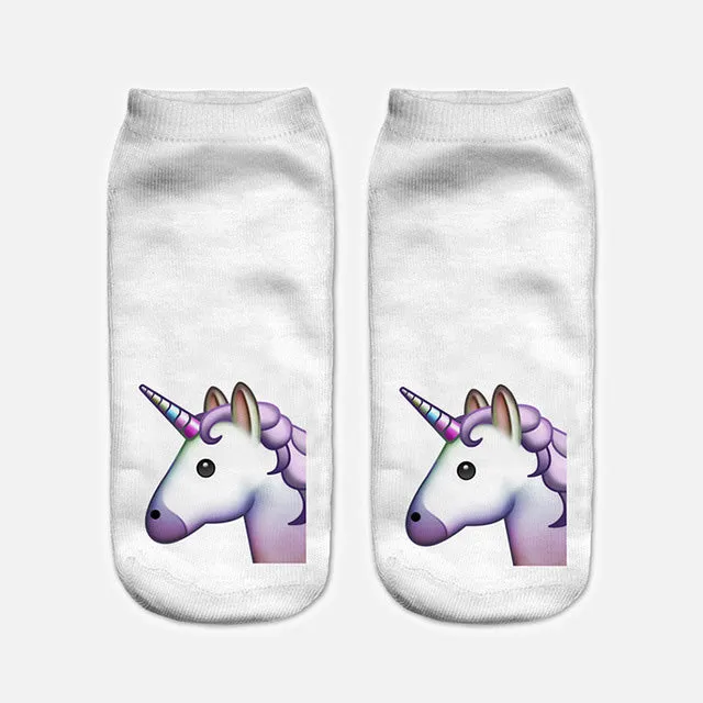 2017 Harajuku 3D Print Unicorn Socks Women Kawaii Ankle Licorne Chaussette Femme Calcetines Mujer Cute Emoji Art Socks D072