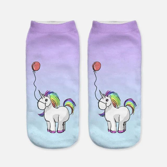 2017 Harajuku 3D Print Unicorn Socks Women Kawaii Ankle Licorne Chaussette Femme Calcetines Mujer Cute Emoji Art Socks D072