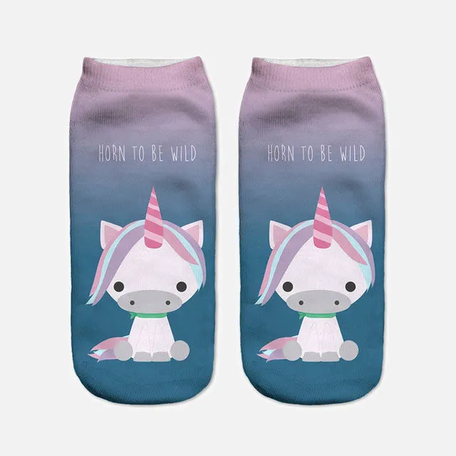 2017 Harajuku 3D Print Unicorn Socks Women Kawaii Ankle Licorne Chaussette Femme Calcetines Mujer Cute Emoji Art Socks D072