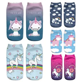 2017 Harajuku 3D Print Unicorn Socks Women Kawaii Ankle Licorne Chaussette Femme Calcetines Mujer Cute Emoji Art Socks D072