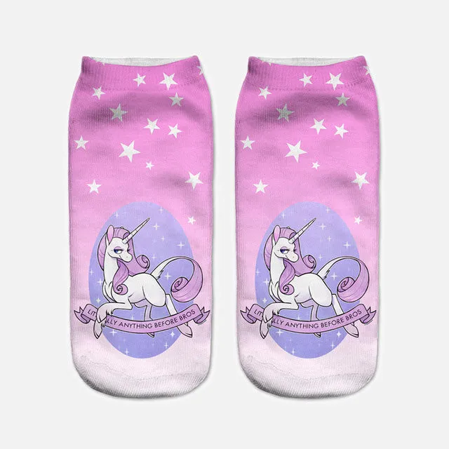 2017 Harajuku 3D Print Unicorn Socks Women Kawaii Ankle Licorne Chaussette Femme Calcetines Mujer Cute Emoji Art Socks D072