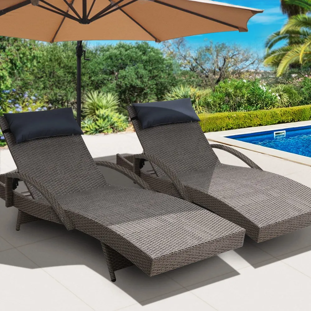 2x Sun Lounge Setting Chair Grey Wicker Day Bed Outdoor Garden Patio Sunbed