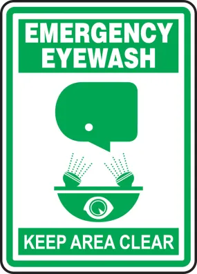 Accuform® 14" X 10" Green And White Aluminum Safety Signs "EMERGENCY EYEWASH KEEP AREA CLEAR"