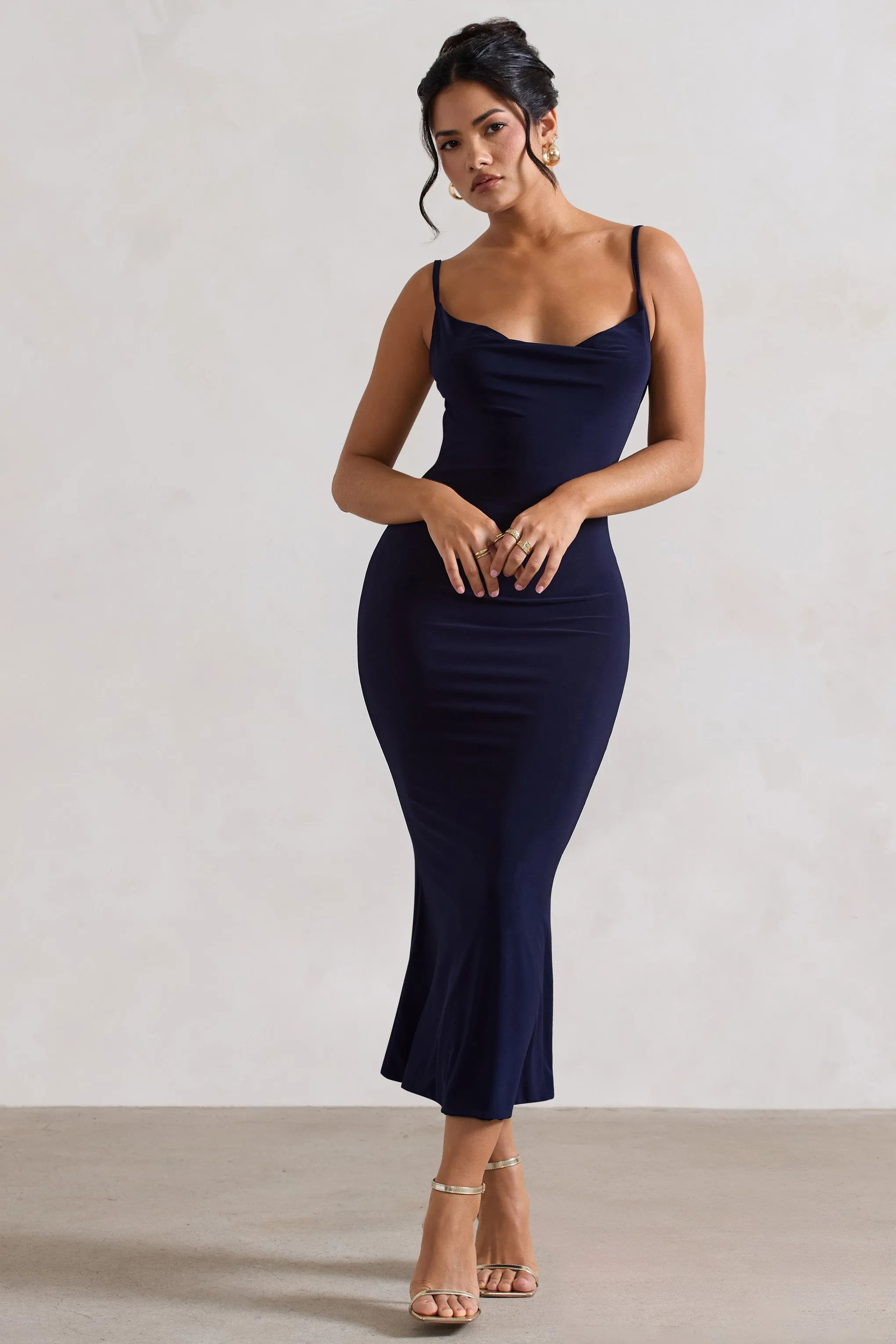 Addison | Navy Cowl-Neck Open-Back Midi Dress With Lace