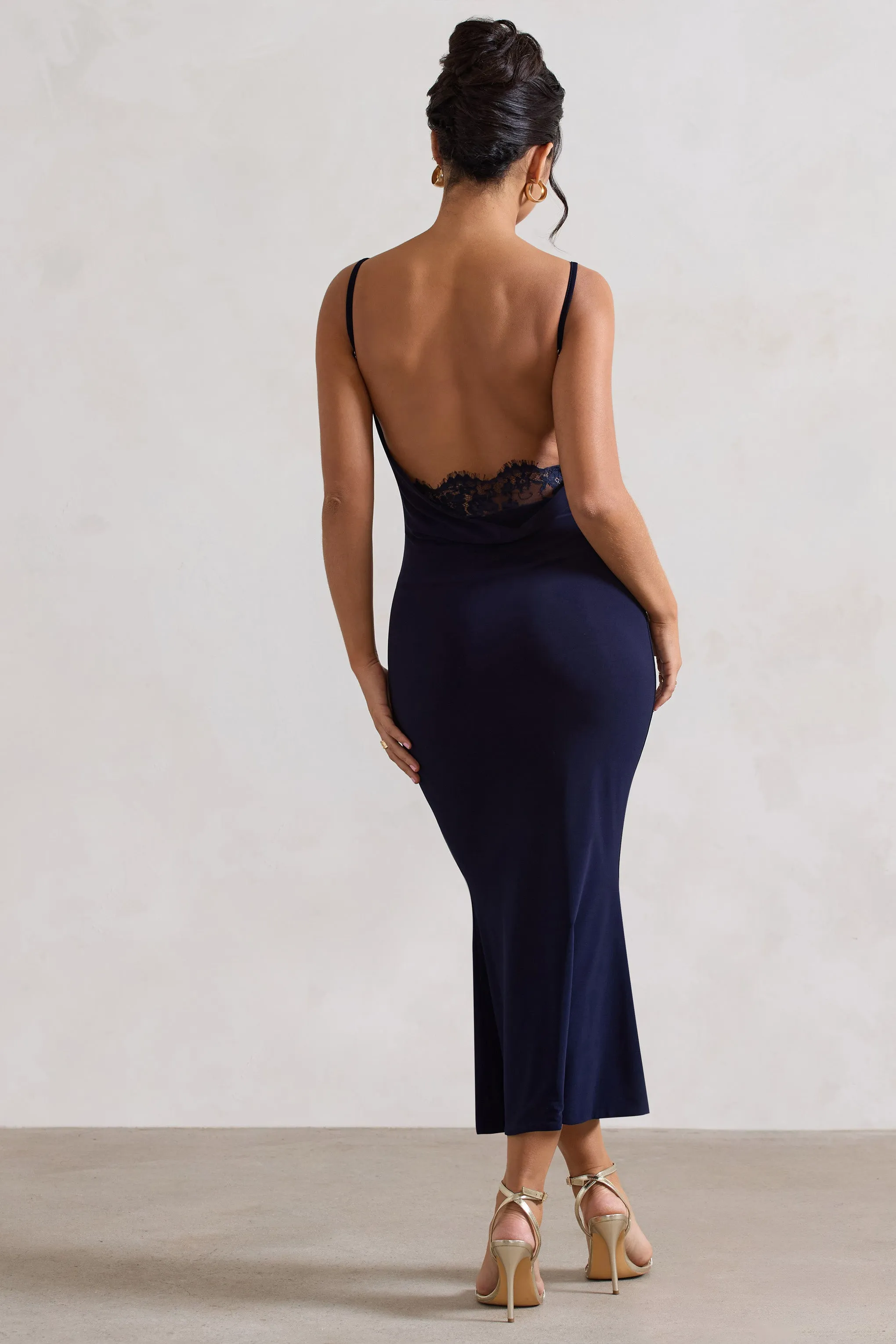 Addison | Navy Cowl-Neck Open-Back Midi Dress With Lace