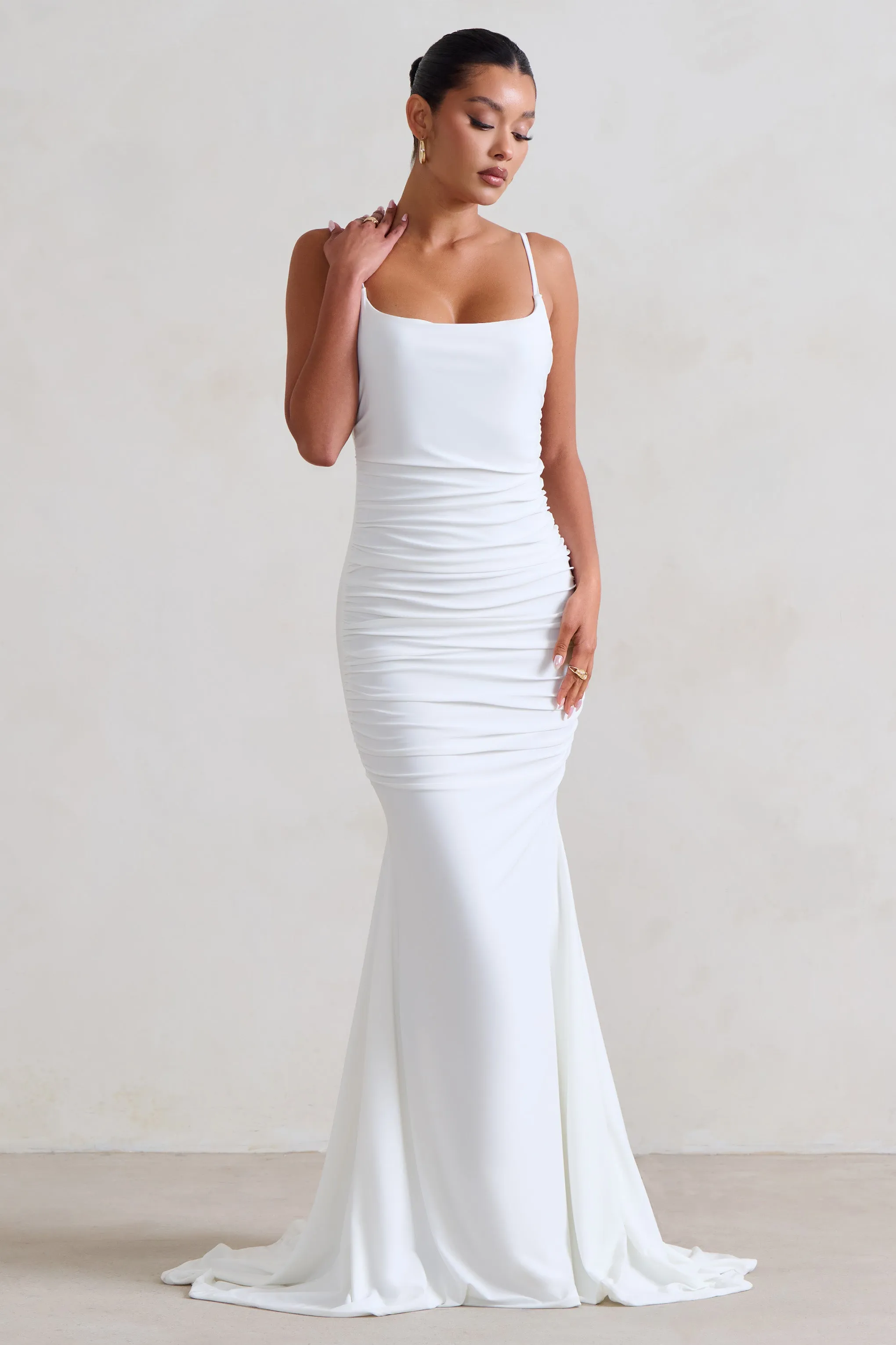 Adele | White Ruched Fishtail Cami Maxi Dress