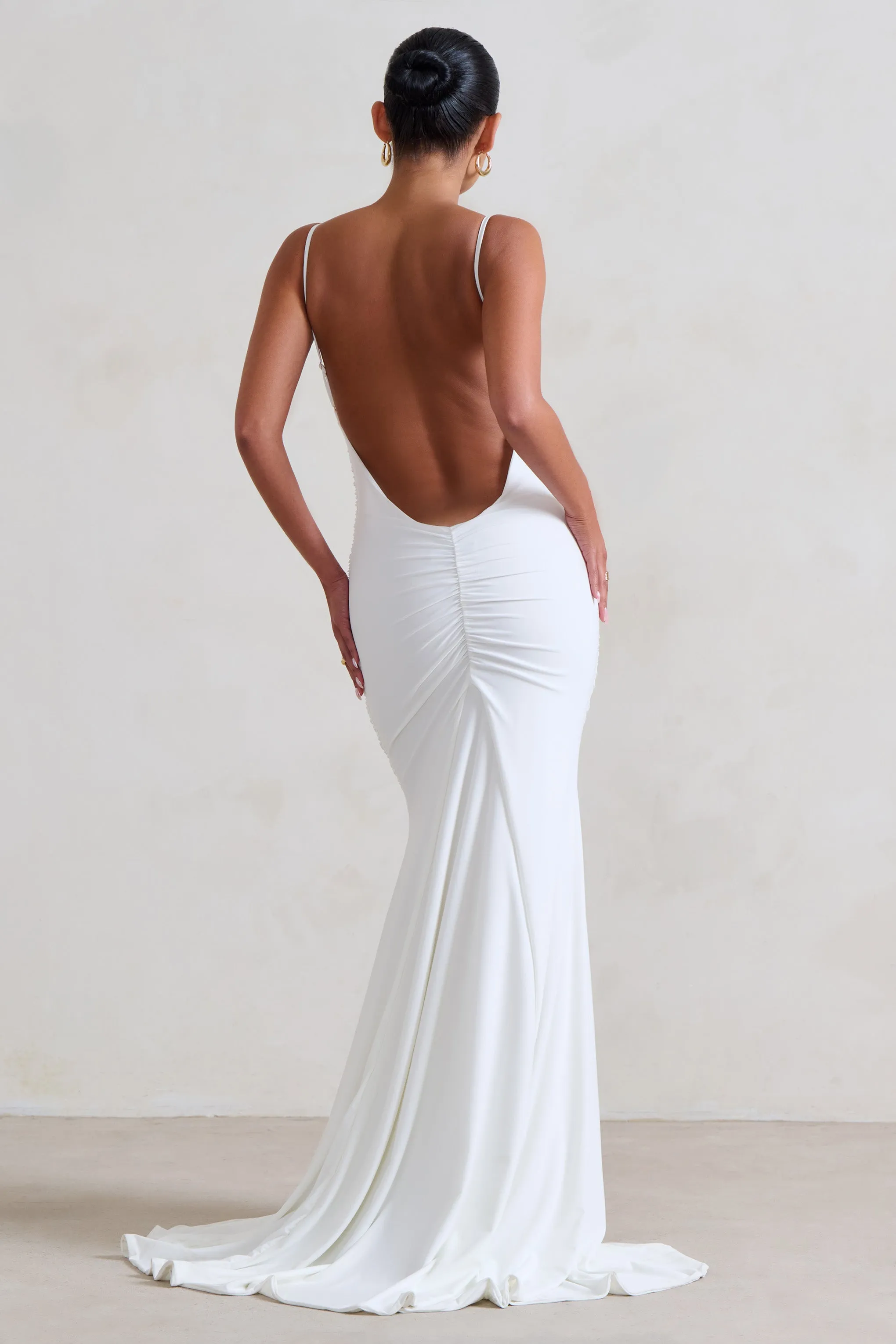 Adele | White Ruched Fishtail Cami Maxi Dress