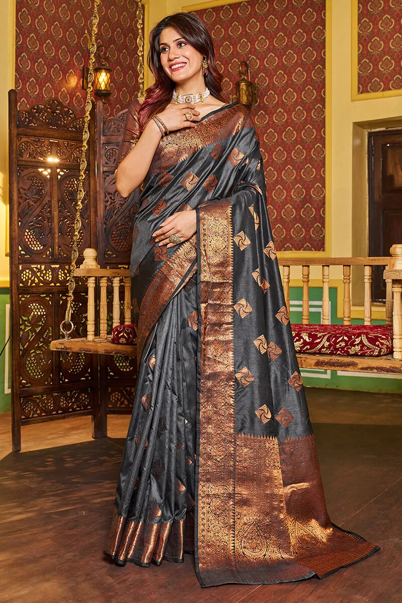 Admirable Grey Soft Banarasi Silk Saree With Beauteous Blouse Piece