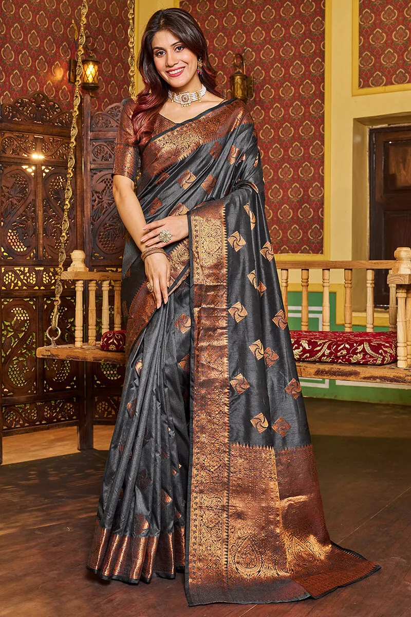 Admirable Grey Soft Banarasi Silk Saree With Beauteous Blouse Piece