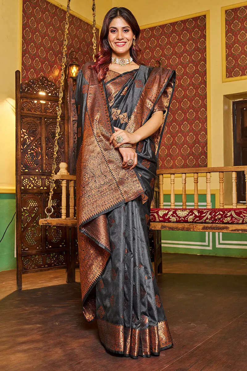 Admirable Grey Soft Banarasi Silk Saree With Beauteous Blouse Piece