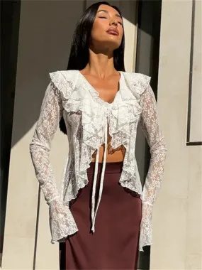 Advbridge Mesh Printed See-Through T-shirt Top Female Lace-Up V-Neck Ruffled Sexy Cropped Top Women's Bandage Cardigan Tee Ladies