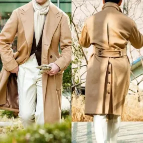 Aidase Men Long Coat Overcoat Solid Color Double Breasted Peaked Lapel Warm Woolen Pockets Business Causal Daily Tailored