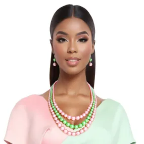 AKA Pearls Alpha Kappa Alpha Inspired Necklace Pink and Green 3 Strand