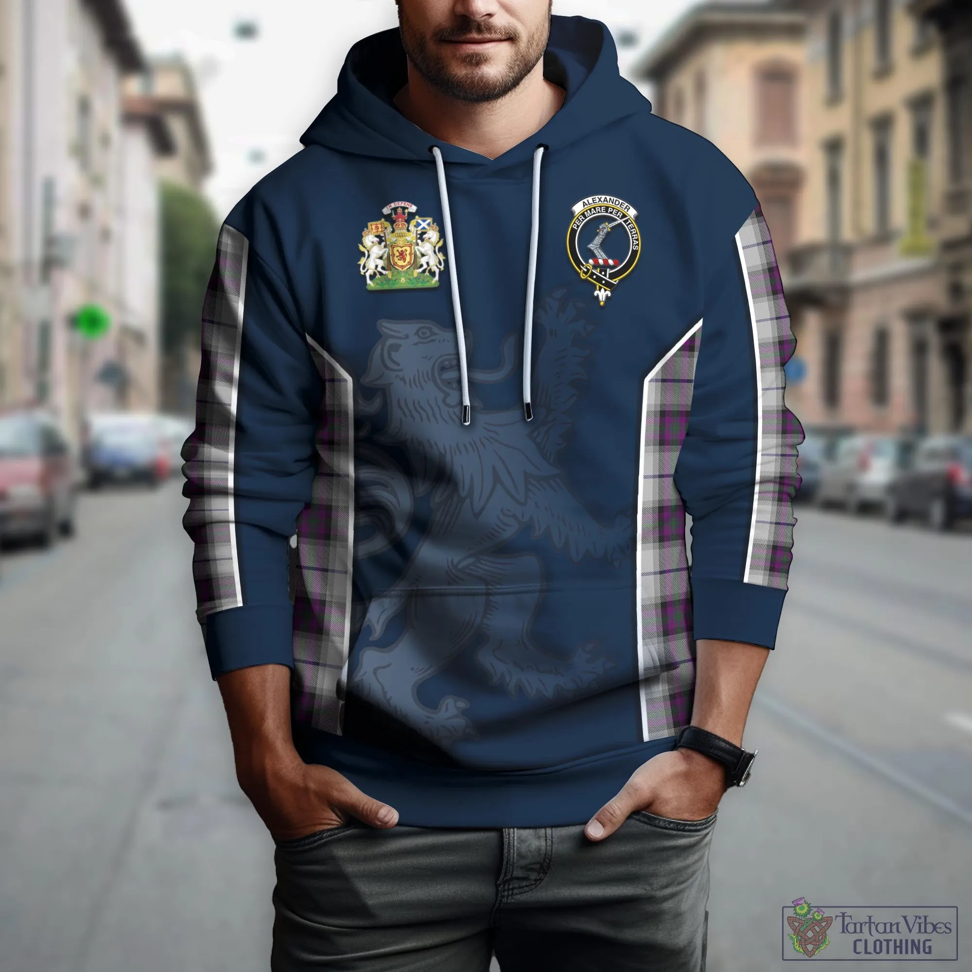 Alexander of Menstry Dress Tartan Hoodie with Family Crest and Lion Rampant Vibes Sport Style