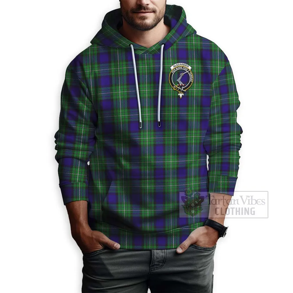 Alexander Tartan Hoodie with Family Crest and Bearded Skull Holding Bottles of Whiskey