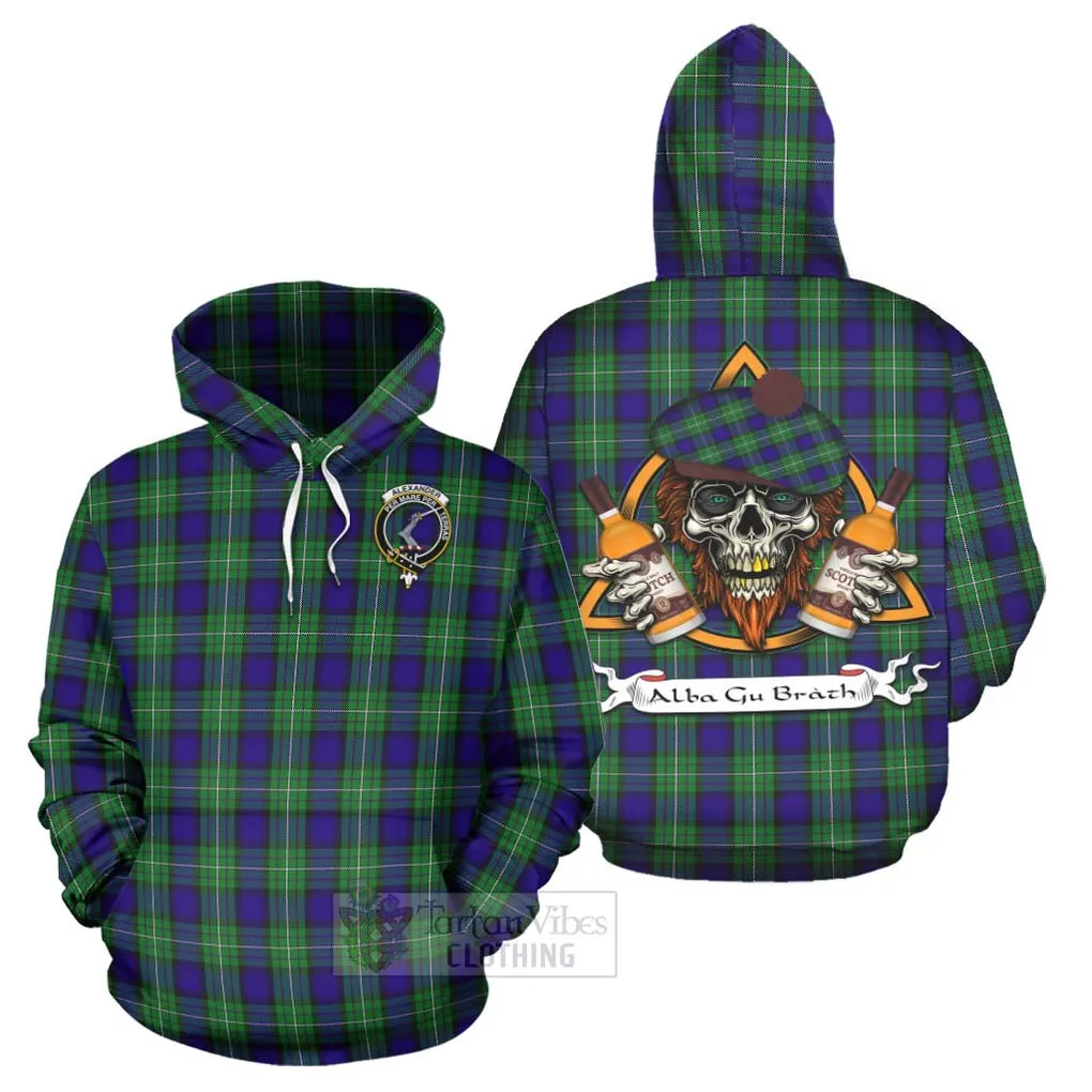 Alexander Tartan Hoodie with Family Crest and Bearded Skull Holding Bottles of Whiskey