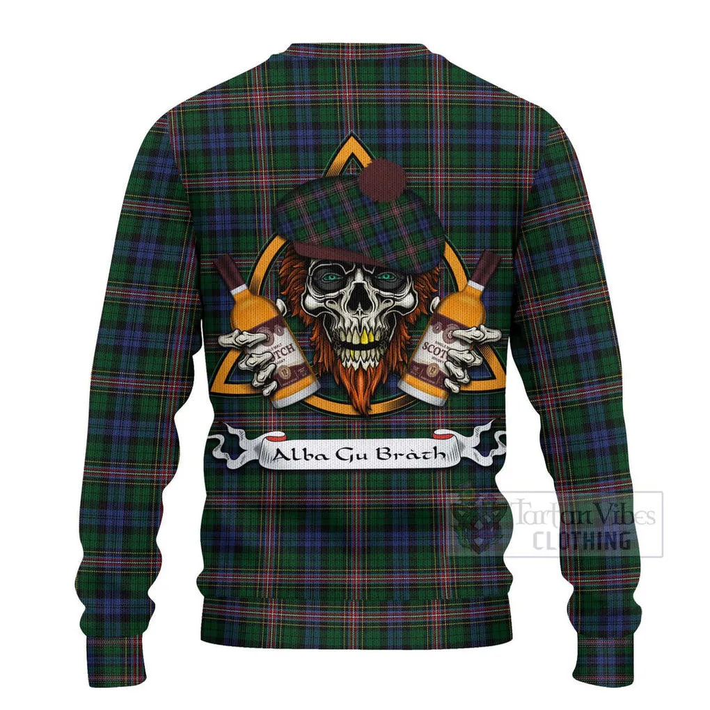 Allison Tartan Ugly Sweater with Family Crest and Bearded Skull Holding Bottles of Whiskey