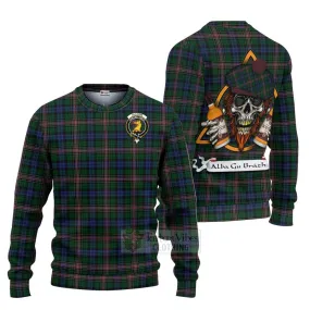 Allison Tartan Ugly Sweater with Family Crest and Bearded Skull Holding Bottles of Whiskey