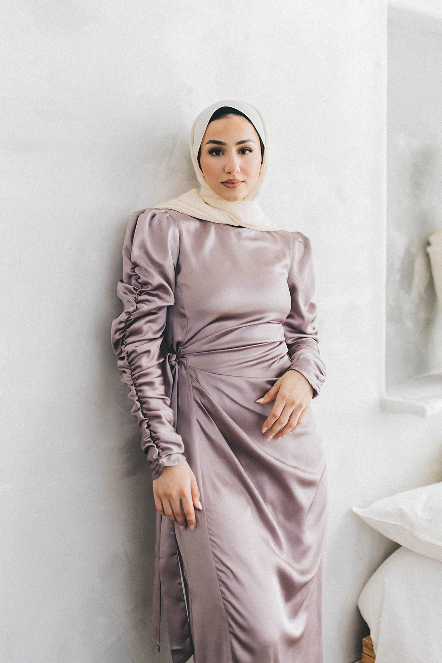 Amelia Wrap Satin Dress- Lavendar