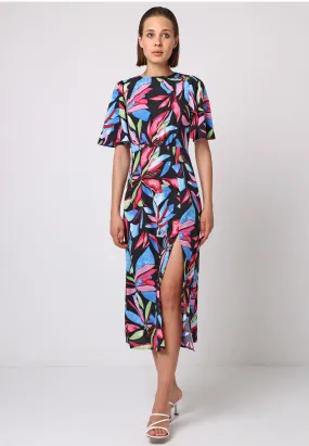 Angel Sleeves Midi Dress With Side Slit In Black Multi Print