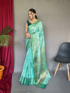 Aqua Blue with Green Saree in Linen