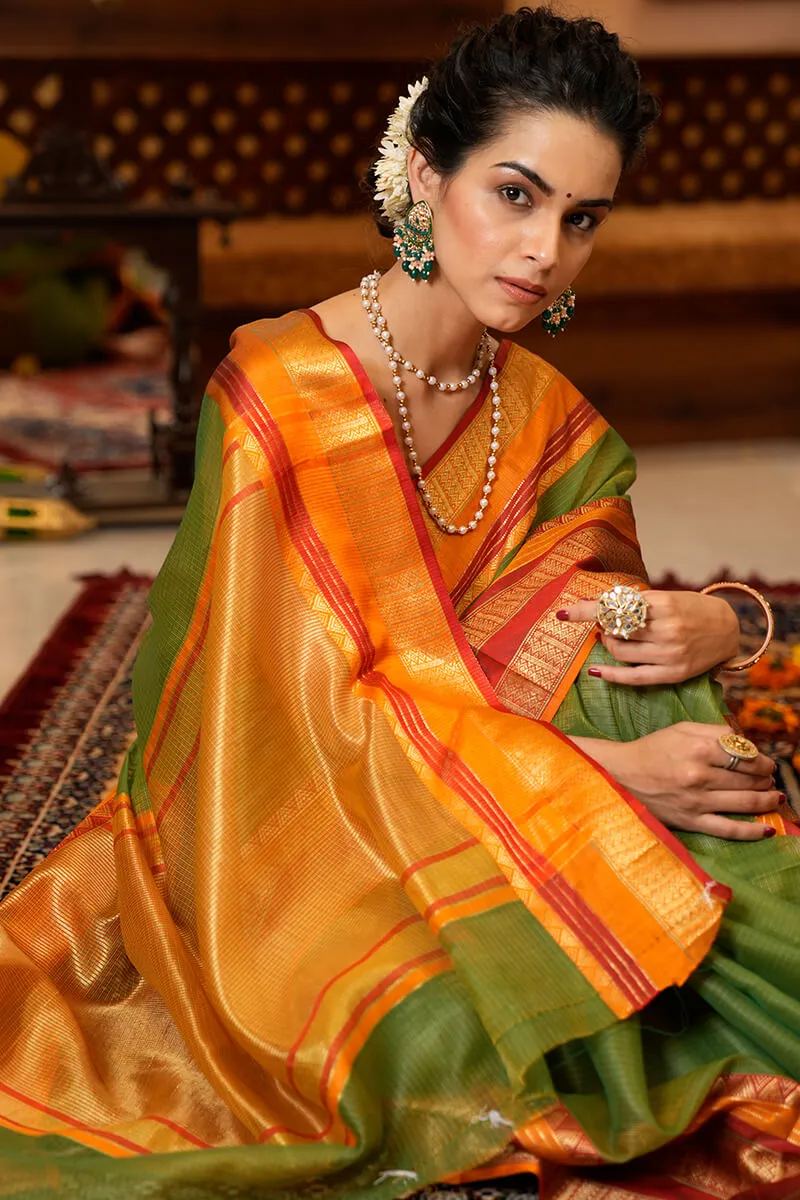 Assemblage Green Soft Silk Saree With Brood Blouse Piece