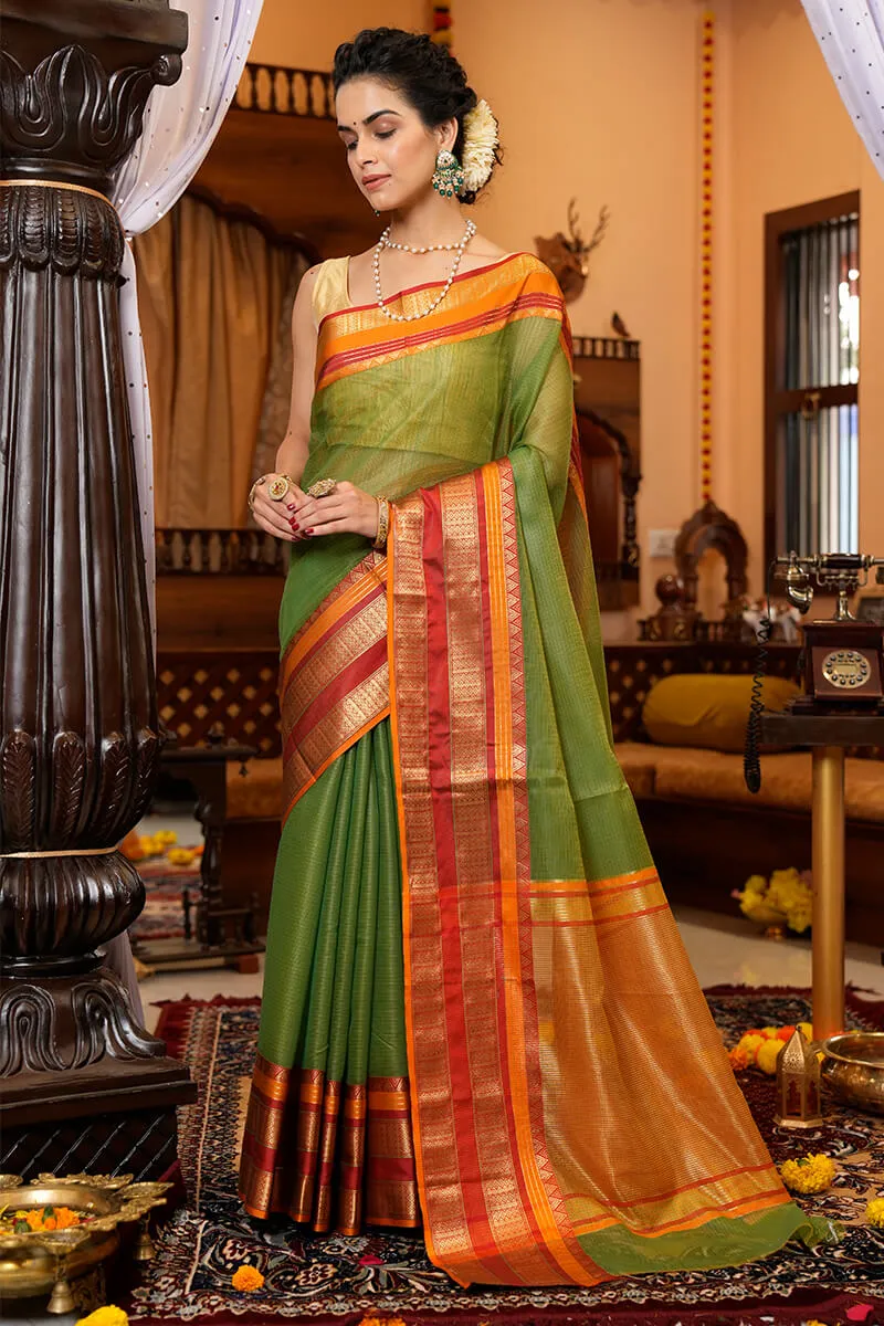 Assemblage Green Soft Silk Saree With Brood Blouse Piece