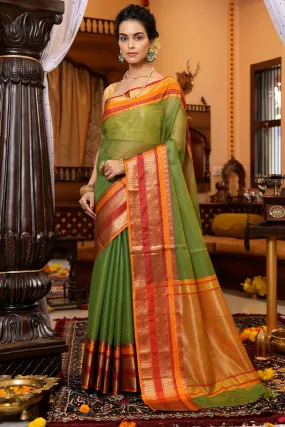 Assemblage Green Soft Silk Saree With Brood Blouse Piece