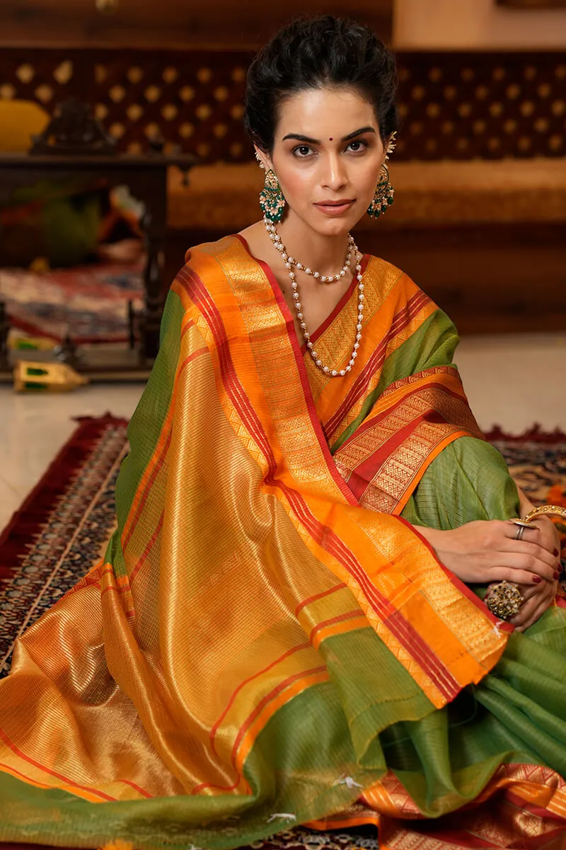 Assemblage Green Soft Silk Saree With Brood Blouse Piece