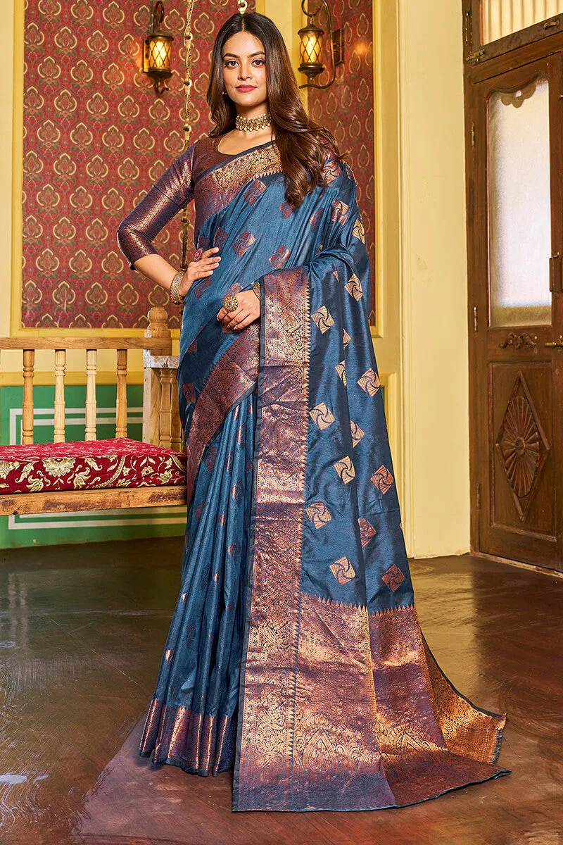 Assemblage Navy Blue Soft Banarasi Silk Saree With Beleaguer Blouse Piece