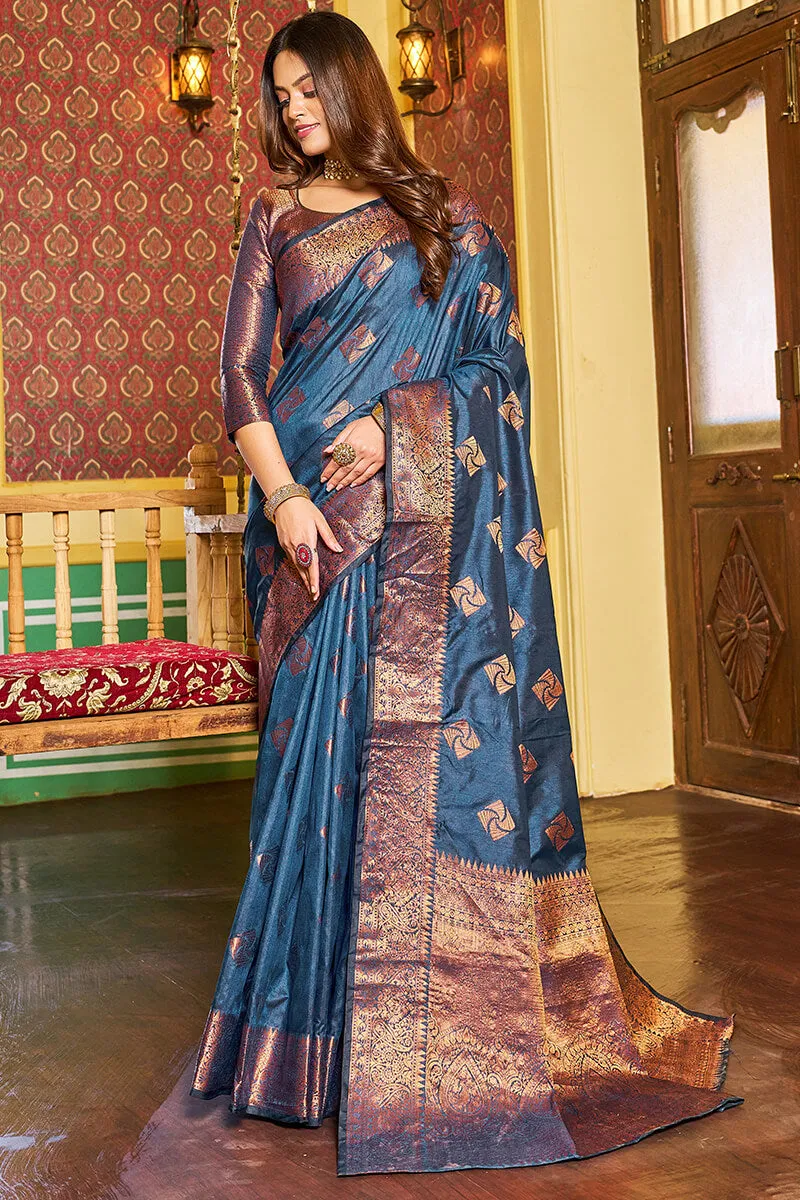 Assemblage Navy Blue Soft Banarasi Silk Saree With Beleaguer Blouse Piece